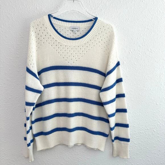 Evereve Mara Pullover Sweater Women Large White Blue Stripe Knit Crewneck Cotton - Picture 2 of 8